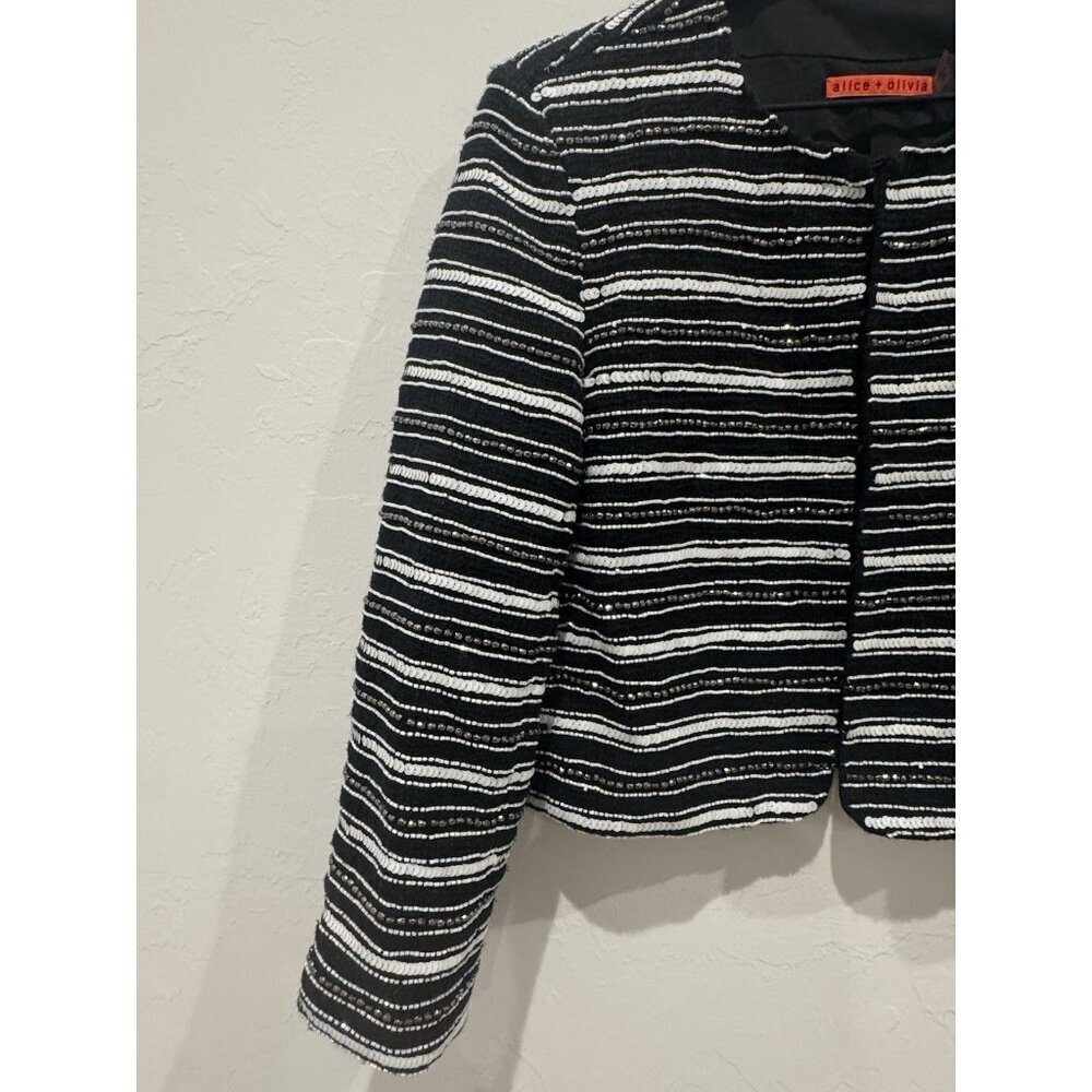 Alice + Olivia Jacket Women's Medium Black White Striped Embellished Sequin Bead - Picture 3 of 11